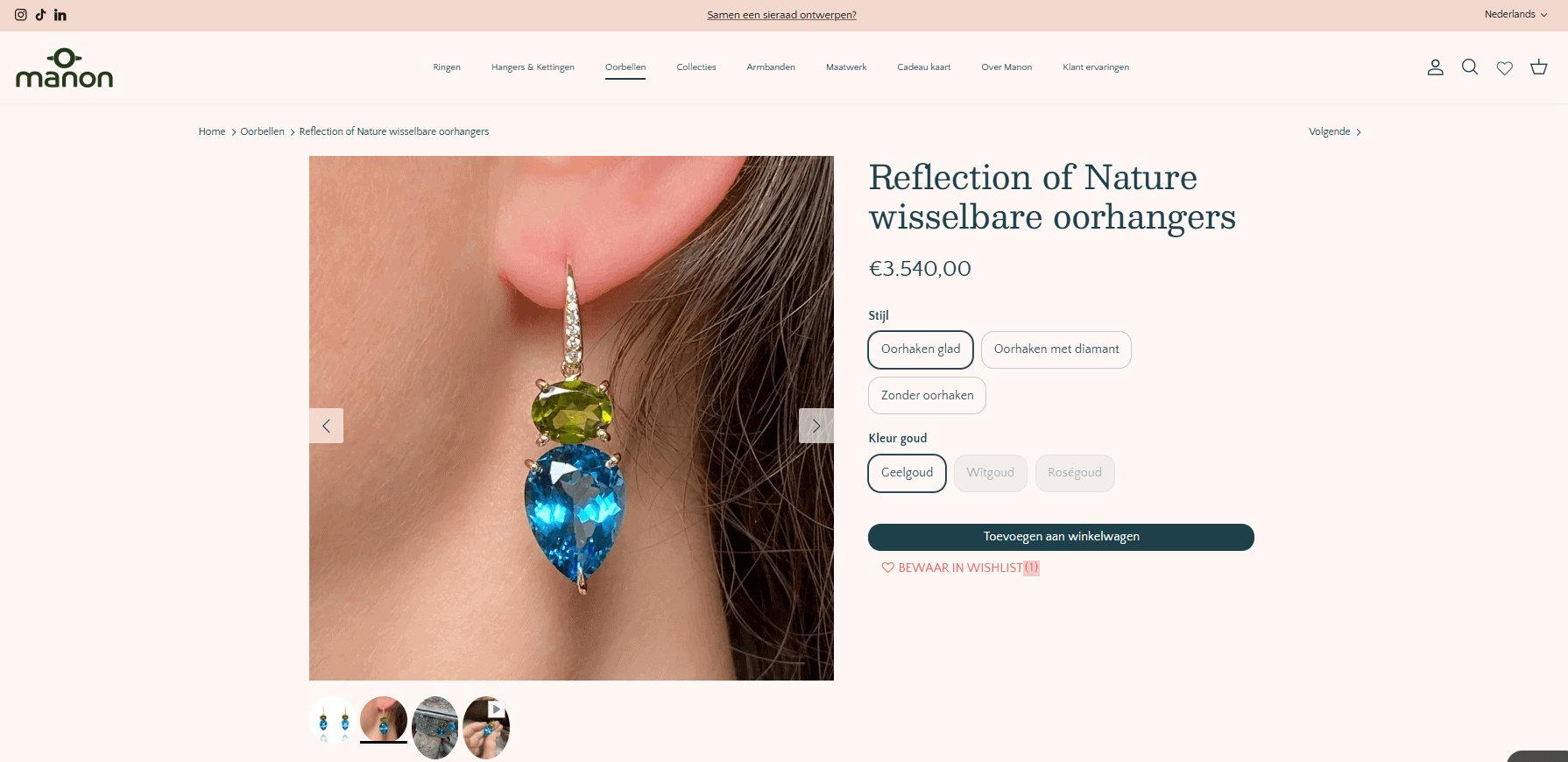 Productdetailpagina van de Reflection of Nature wisselbare oorhangers in de webshop van Manon Herrewijnen